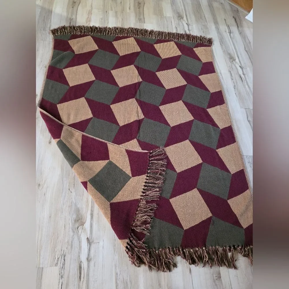 VHC, Inc Primitive Throw Burgundy Tan Vasarely Woven Blanket 64x48 Fringe